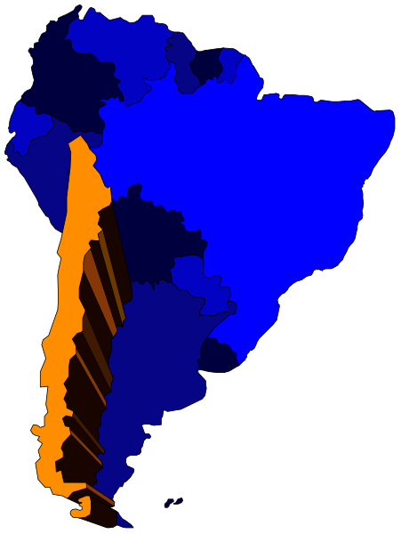 The map shows a stylized representation of South America with Brazil highlighted by blue shading on top half; Argentina is in orange below it.