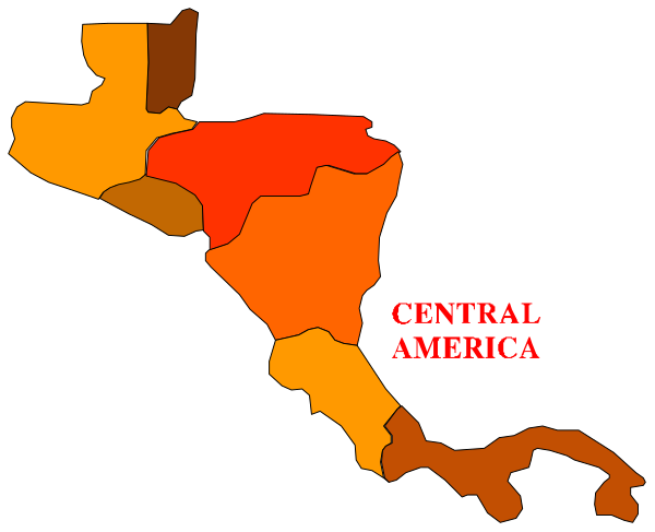 The image shows a stylized map of Central America with Mexico highlighted by red shading on its left side; there is text overlaying it that reads "CENTRAL AMERICA."