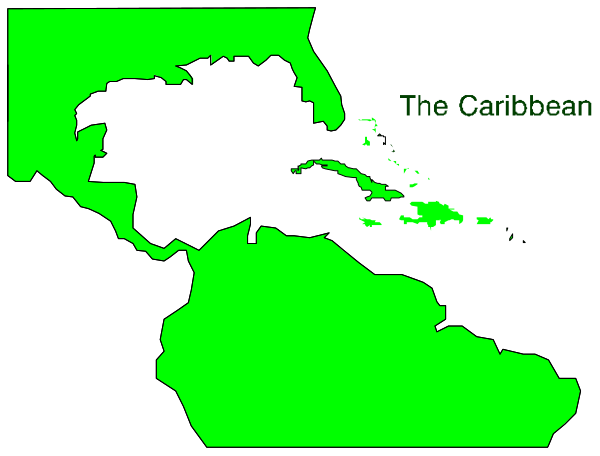 The image shows a map of South America with an overlay that highlights countries; it is labeled "The Caribbean."