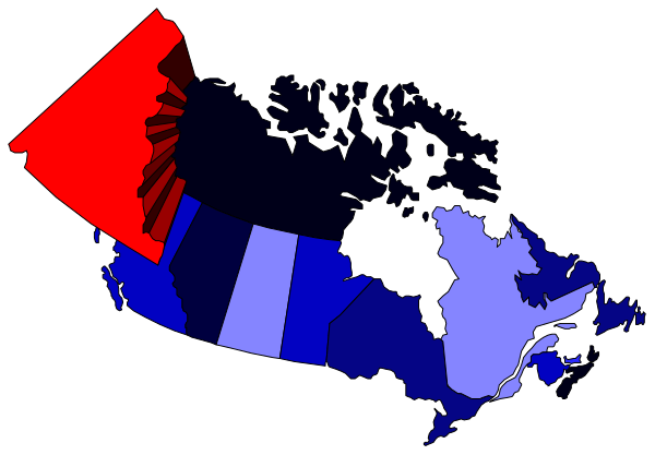 The map shows a stylized representation of Canada with provinces highlighted by color; it is overlaid on an image that appears to be from space showing Earth's atmosphere at nighttime.