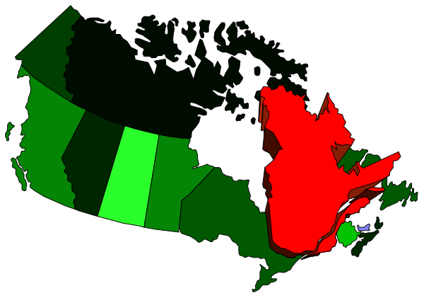 The map shows a red area with an overlay of green rectangles across Canada, indicating some form of data distribution or coverage areas for different regions within the country.