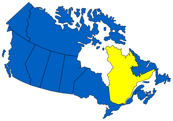 The map shows a stylized representation of Canada with provinces highlighted by color: blue for British Columbia, yellow for Ontario, greenish-blue for Quebec, red for Alberta, black for Saskatchewan and Manitoba, white for Nunavut Territory, pink for the Northwest Territories. The map is overlaid on a dark background with an outline of Canada's borders in light blue.