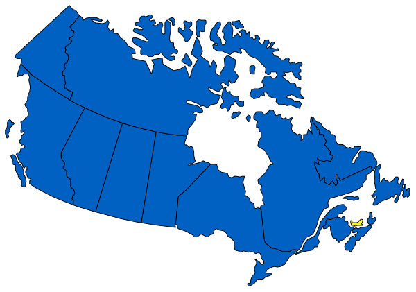 The map shows a stylized representation of Canada with provinces labeled; it is colored blue to represent water bodies like oceans and lakes, while land masses appear in white.