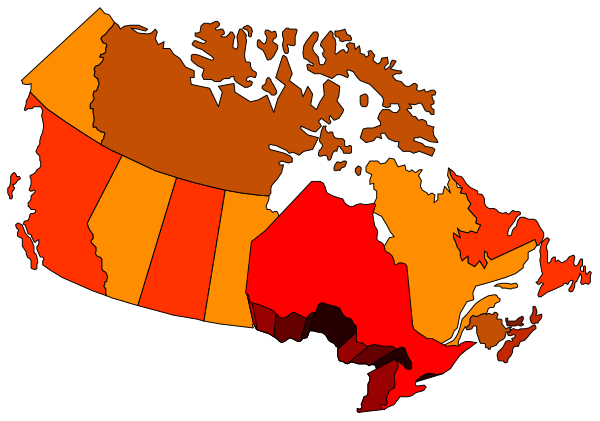 The map shows a stylized representation of Canada with different regions highlighted by color codes corresponding to various levels of water usage in each province; it is overlaid on an image that appears to be from space, showing Earth's continents and oceans at nighttime.