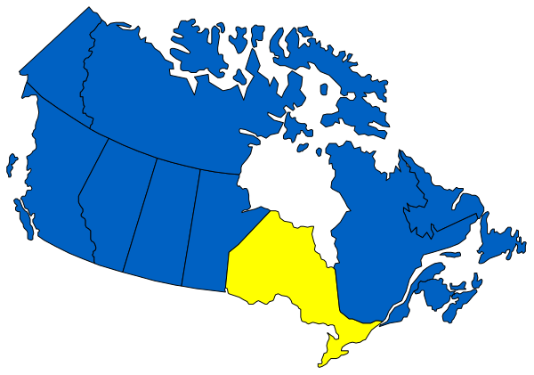The map shows a stylized representation of Canada with provinces highlighted by color; it is overlaid on an image that appears to be from space showing Earth's continents.
