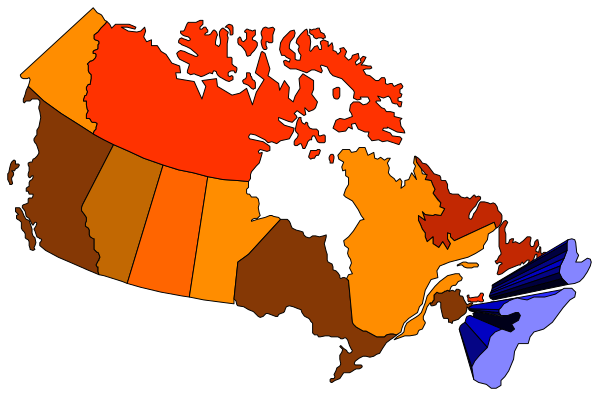 The map shows a stylized representation of Canada with different colored regions corresponding to various levels of COVID cases per capita in each province as indicated by color coding on top left corner.