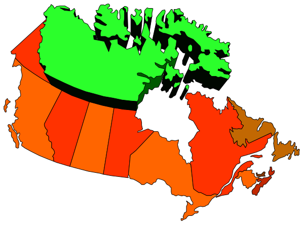 The map shows a stylized representation of Canada with different colored regions indicating various levels of climate change risk assessment.