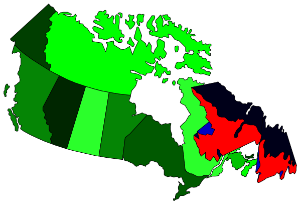 The image shows a map of Canada with various regions highlighted by different colored areas; it appears to be an overlay on top of another layer that looks like satellite imagery showing land cover patterns in shades of green, red and blue.