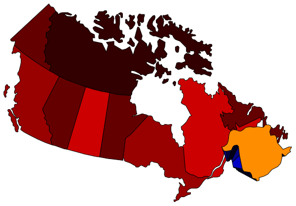 The map shows a stylized representation of Canada with provinces highlighted by color codes corresponding to different levels of COVID-19 cases per capita as indicated in legend at bottom right corner.