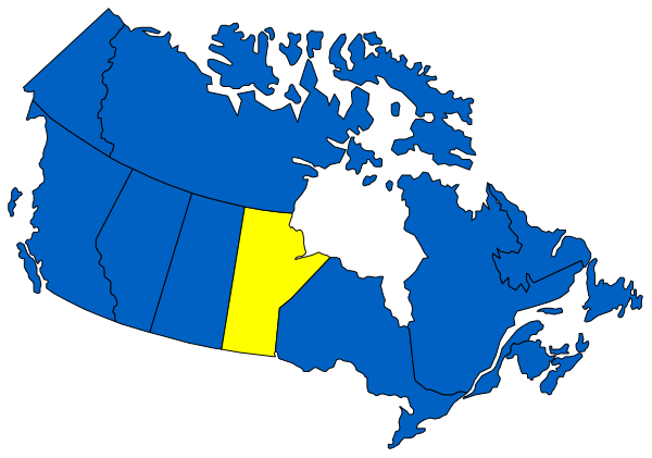 The map shows a blue outline of Canada with yellow provinces highlighted; it is overlaid on an actual satellite image showing North America from space at nighttime.