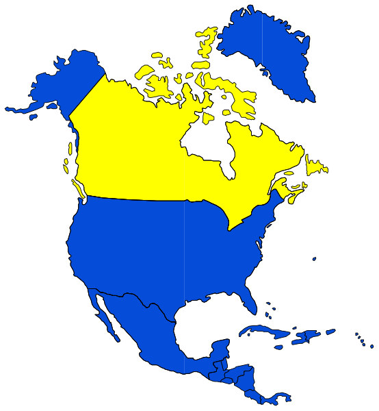 The map shows a stylized representation of North America with Canada highlighted by blue coloring on top half and United States in yellow below it.