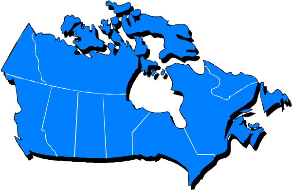 The map shows a stylized representation of Canada with provinces outlined; it is colored blue to represent water bodies like oceans and lakes, while land masses appear in white.