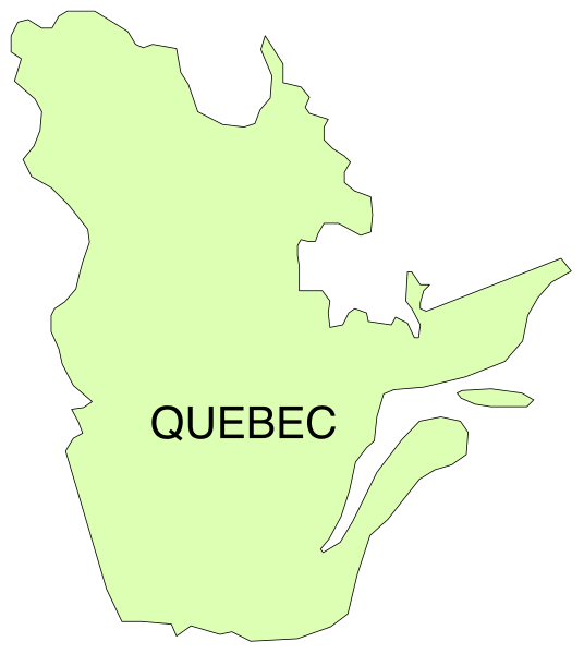 The map shows a stylized outline of Quebec province with its major cities labeled on it.