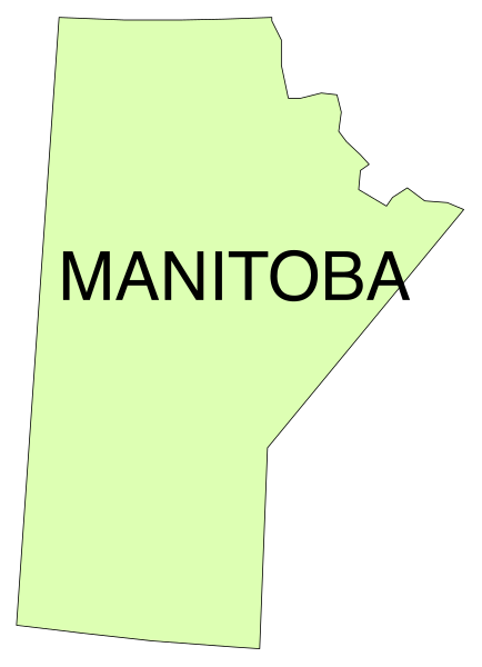 The image shows a stylized map of Manitoba province with its capital city labeled as Winnipeg at the top right corner.