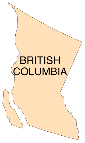 The map shows a province named British Columbia with its capital city Vancouver highlighted on it.