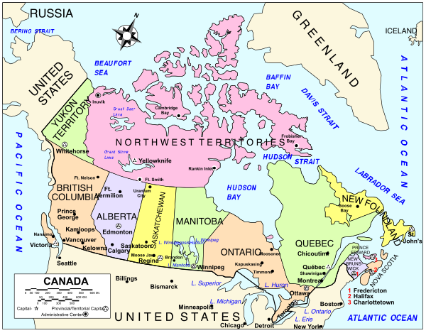 The map shows a section of Canada with various provinces labeled such as British Columbia, Alberta, Saskatchewan, Manitoba, Ontario, Quebec, New Brunswick, Nova Scotia, Prince Edward Island and parts of Atlantic Provinces. It also includes major cities like Vancouver, Calgary, Edmonton, Winnipeg, Toronto, Ottawa, Montreal, Halifax, St John's, Charlottetown, Fredericton, Moncton, Quebec City, Windsor, London and others. The map is a political boundary