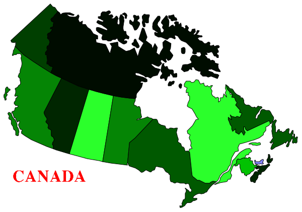 The map shows Canada with provinces highlighted in green against a black background; there is text overlaying it that reads "CANADA" at top left corner and "USA" on bottom right corner of image, indicating countries bordering Canada to its southwest.