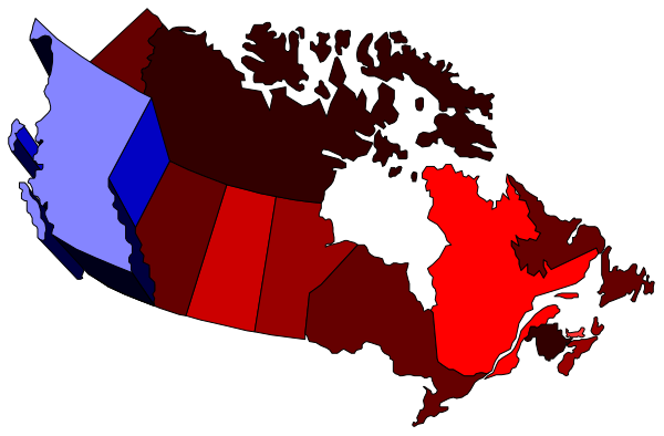 The map shows a stylized representation of Canada with different colored regions corresponding to political party support during an election campaign.