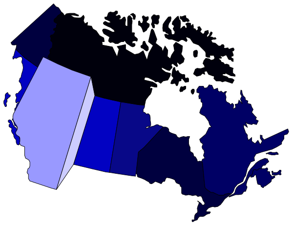 The map shows a blue outline of Canada with Alaska highlighted on it against a black background.
