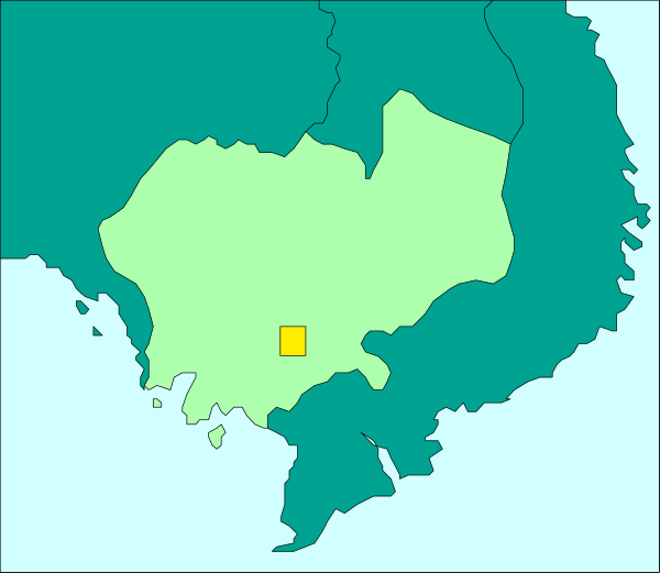 The map shows a region with different colored areas representing various territories within it; there is no text present on this image to provide additional context about what each color represents.