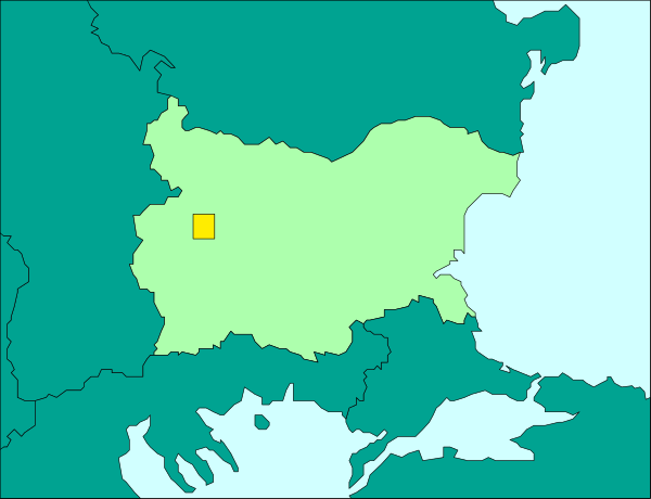 The map shows a country with different regions highlighted by color; it's overlaid on an outline of Europe to show its location within that continent.