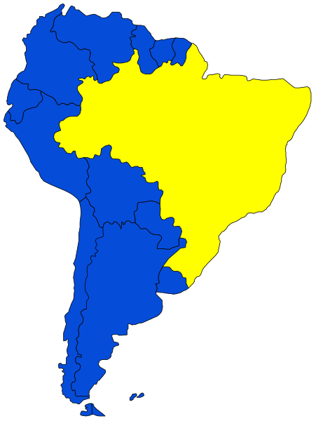 The map shows South America with countries highlighted; Brazil appears to be a darker shade of blue than other regions shown on this clip-art image.