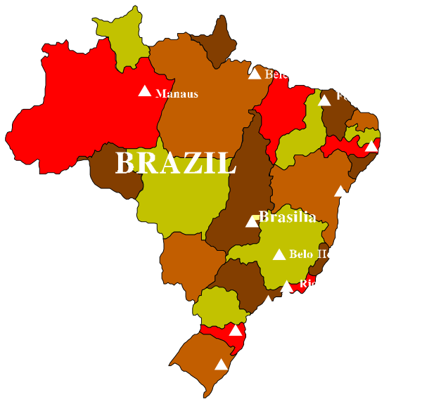 The map shows Brazil with various regions highlighted by different colored shapes; it includes labels for major cities such as Rio de Janeiro (RJ), São Paulo (SP), Brasília (DF) among others.