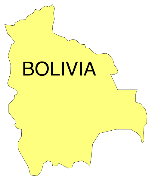 The map shows Bolivia with a yellow background highlighting its borders on top of another country's territory which is labeled "Bolivia."