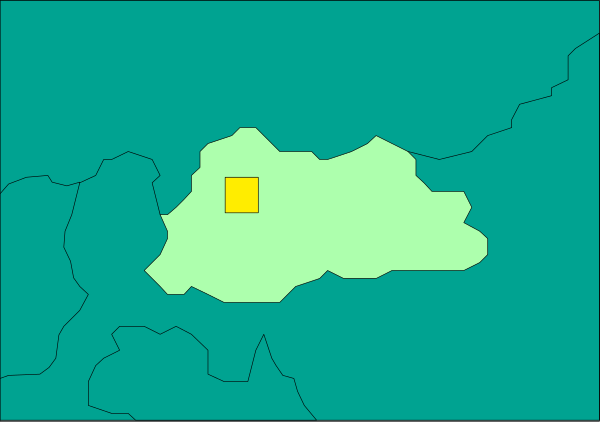 The image shows a greenish blue abstract shape with an irregular outline that resembles landmasses on a map-like background; there is also what appears to be a yellow square in one corner of this larger figure, and two smaller rectangles at opposite ends within it.