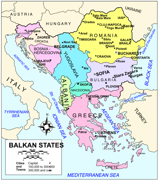 The map shows a stylized representation of Europe with various countries labeled; it is colored to indicate different regions such as Balkan states in pink, Greece in blue, Bulgaria in green, Romania in orange, and others in shades of yellow and purple.