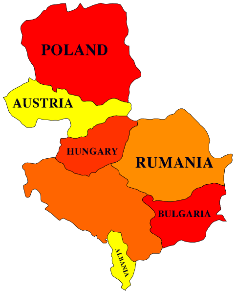 The map shows a stylized representation of Europe with countries labeled: Poland (red), Austria (yellow), Hungary (orange), Romania (pink).