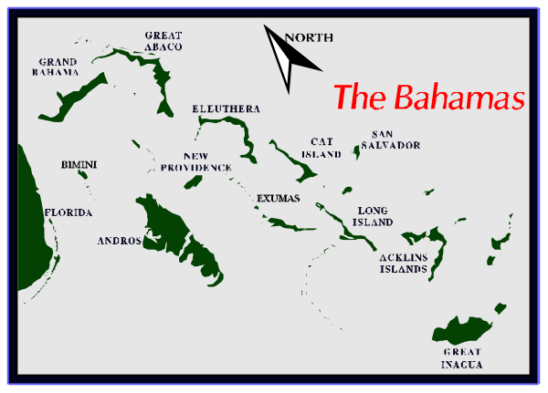 The image shows a map with various locations labeled on it, including "The Bahamas," along with some text that reads "North" at one end of an arrow pointing to Florida in the United States.