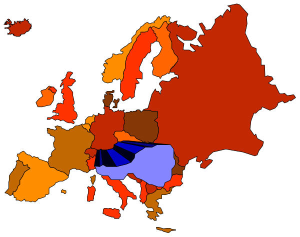 The map shows Europe with various countries highlighted by different colored regions; it appears to be a political heatmap indicating some form of data related to European nations' positions on an issue.