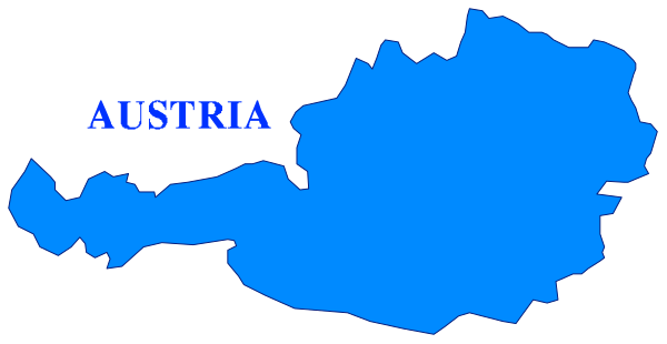 The image shows a map of Austria with its borders highlighted on it against a dark background.