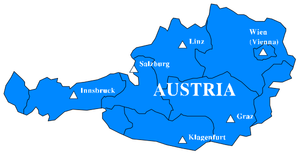 The map shows a European country with its capital labeled as "Austria" surrounded by various cities such as Vienna, Salzburg, Innsbruck, Klagenfurt, Graz, Linz, and others; it is colored in blue tones against a darker background that represents the rest of Europe.