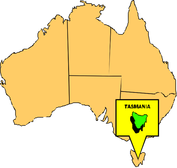The map shows Australia with a highlighted area labeled "Tasmania" on it.