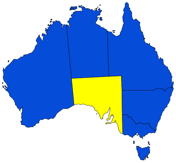 The map shows a blue outline of Australia with yellow highlighting Western Australia state.