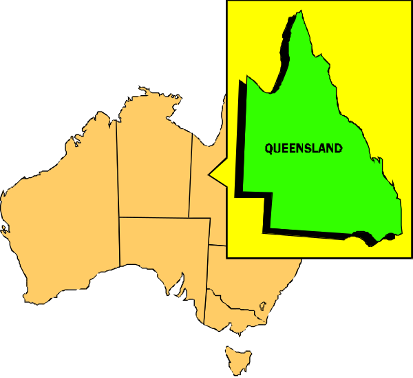 The map shows a section of Australia with Queensland highlighted; it's superimposed on an Australian flag background.