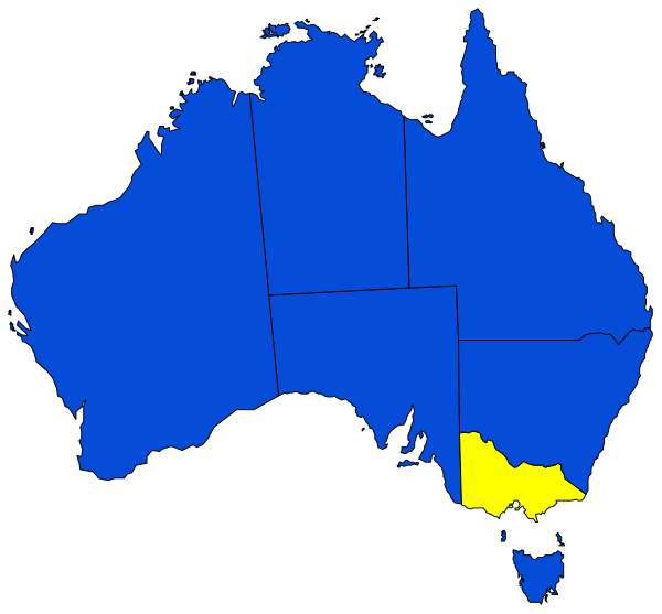 The map shows a blue outline of Australia with parts highlighted yellow to indicate areas that have been affected by some sort of event such as fire or flood damage; there is no text present in this image.