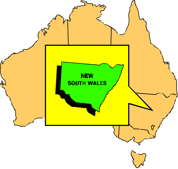 The map shows a region labeled "NEW SOUTH WALES" with an arrow pointing to it from Australia's east coast.