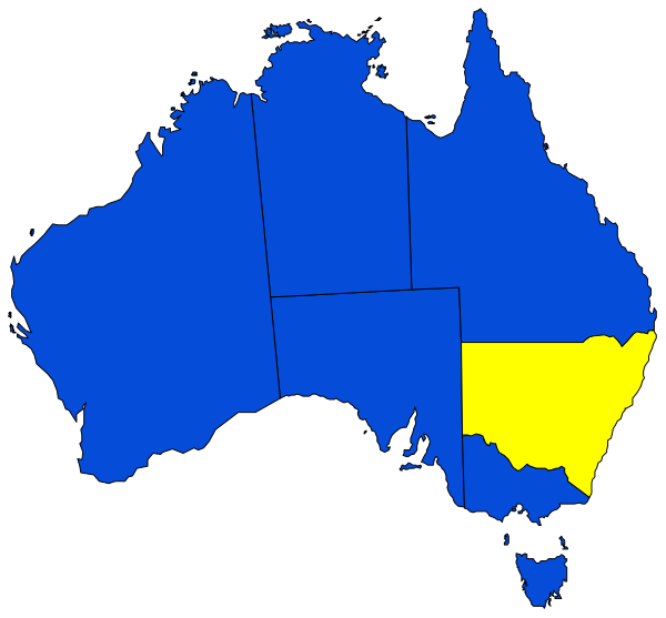 The map shows a stylized representation of Australia with states highlighted; it is colored blue for most areas except two regions that have been marked in yellow: one on each side near the bottom center labeled "QLD" and another at top right corner, both within what appears to be an outline representing Western Sydney.