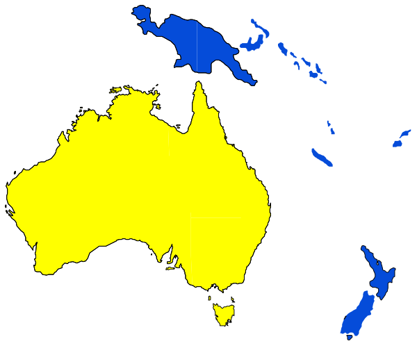 The image shows a stylized world map with Australia highlighted in yellow on top of it against a black background; there is no text present within this clip-art representation.