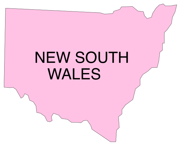 The map shows a pink outline of Australia with New South Wales highlighted on it.