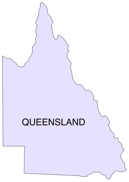 The map shows a purple outline of Australia with "Queensland" written on it at its center location within that state's borders.