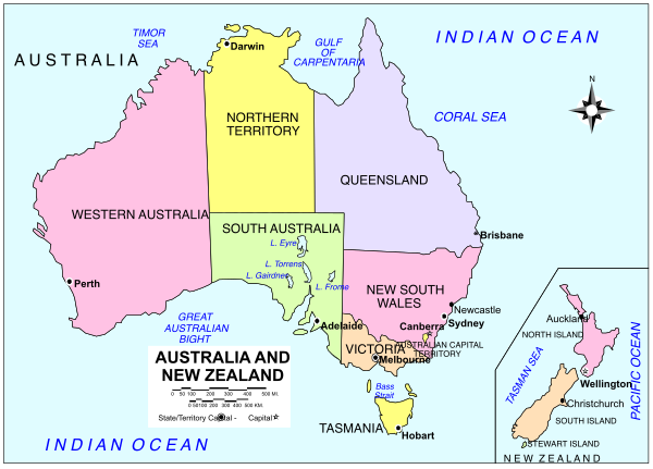 The map shows Australia with various regions labeled such as "Indian Ocean," "Queensland" and other states of australia; it also includes a small inset showing New Zealand at bottom right corner.