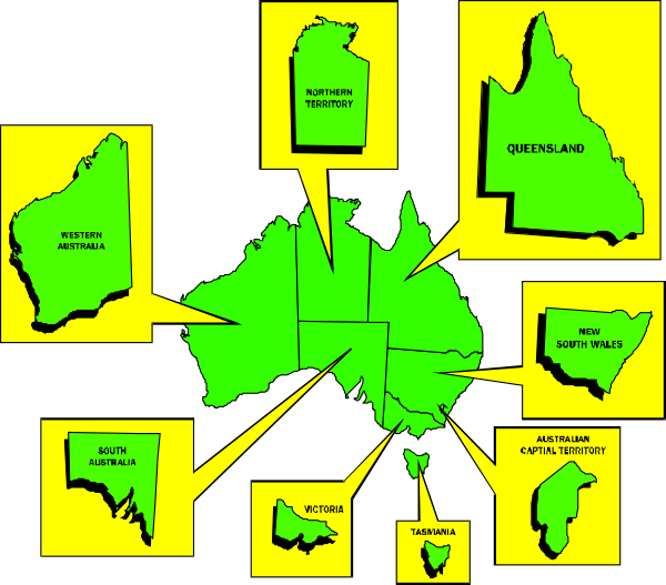 The image shows a map of Australia with various regions highlighted by different colored boxes around them; each box contains text indicating its location within Australia such as "Queensland," "New South Wales," etc., along with some other labels like "Sydney" and "Perth."