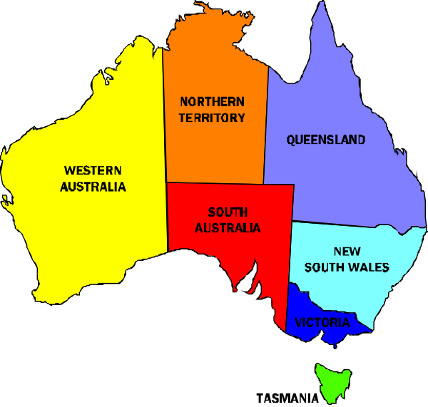 The map shows Australia with its states labeled: New South Wales, Victoria, Western Australia, Queensland, Northern Territory, Tasmania, Australian Capital Territory (ACT), and South Australia; it also includes a small inset of western australia showing Perth as well as some other cities like Darwin.