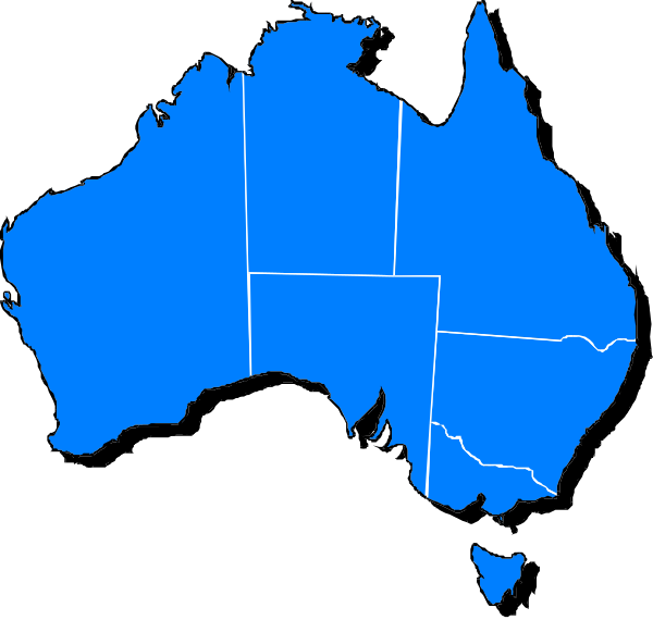 The map shows a blue outline of Australia with its states labeled; it's set against black background.