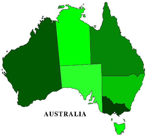 The map shows a stylized representation of Australia with green shading on parts that appear to be landlocked by other countries; it is overlaid onto an image showing part of another country's outline, which seems like North America but does not resemble any specific nation due to the cropping.