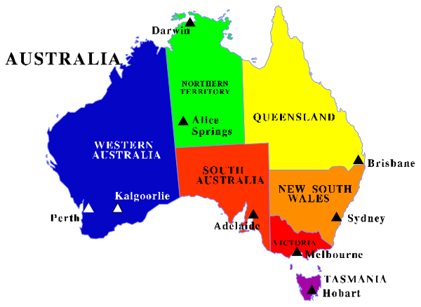 The map shows Australia with different regions highlighted by color: Western Sydney, South Coast, New England, Northern Territory, Queensland, Victoria, Tasmania, Southern Highlands, Snowy Mountains, Murray-Darling Basin, and Kakadu National Park; it also includes the names of some cities like Brisbane.